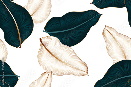 Vintage luxury white seamless floral background with tropic exotic golden leaves.