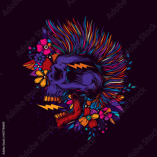 Abstract vector illustration. A skull with an open mouth and a punk-rock hairstyle on the background of a pattern of flowers. T-shirt design, stickers, print.