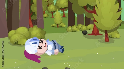 RPG Game Player Character in Heavy Armor with helmet Death with blood spatter on the forest
