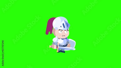 RPG Game Player in Heavy Armor with helmet Holding a One handed Sword and shield is Walking Forward Green Screen 
