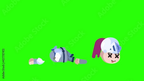 RPG Game Player Character in Heavy Armor with helmet Death Decapitation with blood spatter Green Screen

