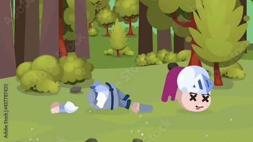 RPG Game Player Character in Heavy Armor with helmet Death Decapitation with blood spatter in the forest
