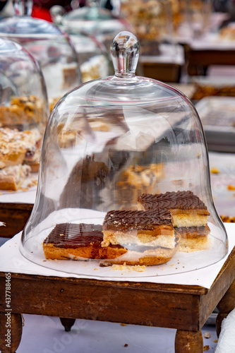 Coffee Cake Desserts Under Bell Jars For Sale at Local Farmers Market