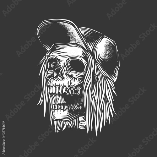 Original monochrome vector illustration in vintage style. A skull with an open mouth, a baseball cap, and long hair.