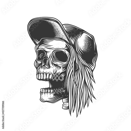 Original monochrome vector illustration of a skull rocker in a baseball cap with hair on one side.