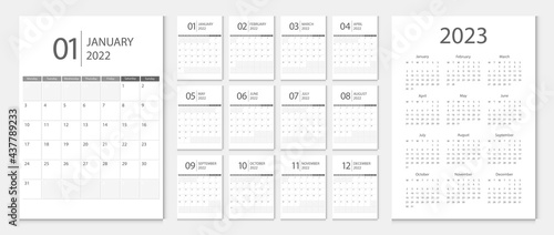Calendar 2022 week start Monday corporate design template vector.