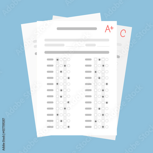 Exam form paper sheet pile with student result evaluation. Passing knowledge test quiz examination checklist folder vector illustration. Idea of online school and university education
