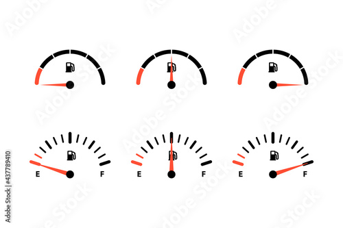 Analog and digital fuel tank fullness indicator set. Automotive dashboard gauge dial showing fuel consumption, car gas, diesel, petroleum volume pointer device vector illustration isolated on white