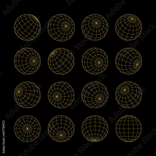 Wireframe gold grid globe mesh spherical object set. Network line, HUD three-dimensional design sphere with latitude longitude structure vector illustration isolated on black background