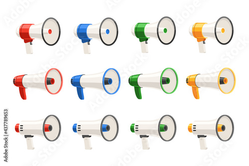Realistic megaphone for sale advertisement and news design. Amplifier bullhorn sound horn of different shape, color and form big set vector illustration isolated on white background