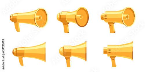 Gold multimedia megaphone loudspeaker with luxury design set. Realistic golden volume amplifier design for announcement message, attention news and emergency promotion design vector illustration