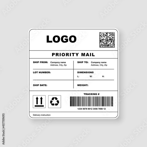 Shipping label, priority mail cargo sticker template. Realistic delivery bar code mockup with fragile, forbidden to turn and recycle sign warning icon and company information vector illustration