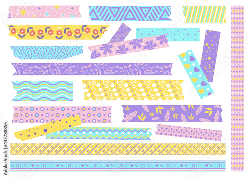 Textured patterned scotch tape with creative design set. Adhesive stripe piece of different size. Torn sticker or scrapbook label with various ornament vector illustration isolated on white background