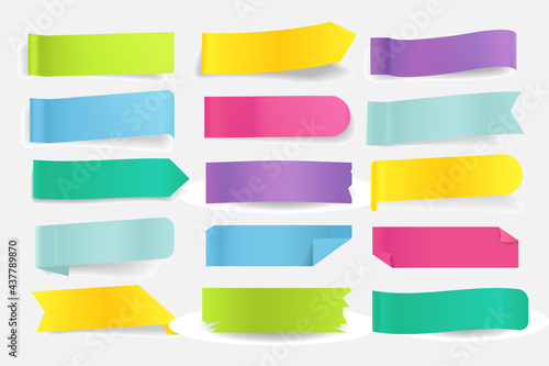 Colored paper bookmark sticker or sticky index notes set. Notice page tape label with curled edge for reminder and important information, pointing sheet stripe vector illustration isolated on white