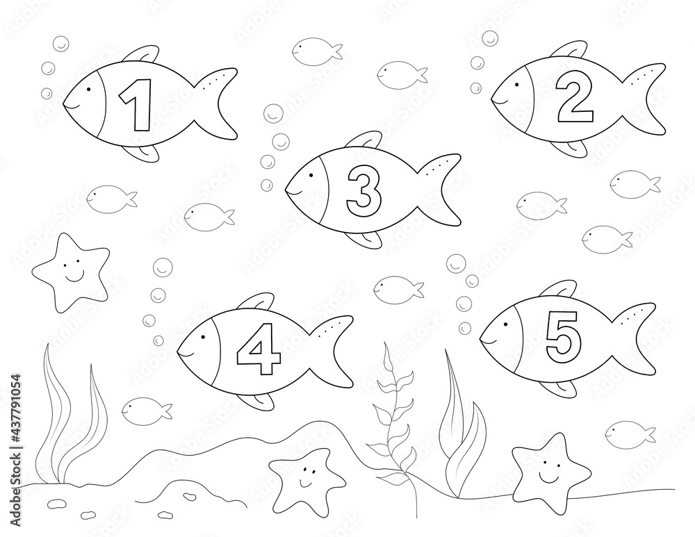 fish with numbers, fun coloring sheet for kids. outline drawing