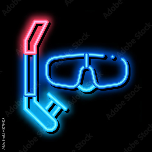Mask And Breathing Tube neon light sign vector. Glowing bright icon Mask Sport Equipment For Diving Under Water, Swimming Tool sign. transparent symbol illustration