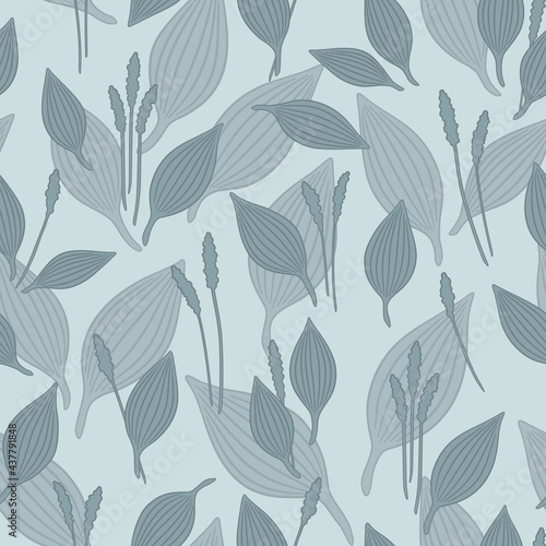Vector doodle large plantain seamless pattern. Gray leaves and flowers medical plant repeat background. For scrapbooking, wallpaper, fabric, wrapping, invitations, card.