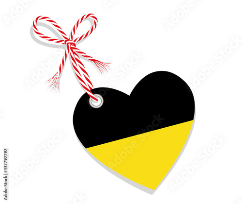 Fahne als Herz  „I Love Baden Württemberg“ mit Kordel-Schleife,
Vektor Illustration isoliert auf weißem Hintergrund
