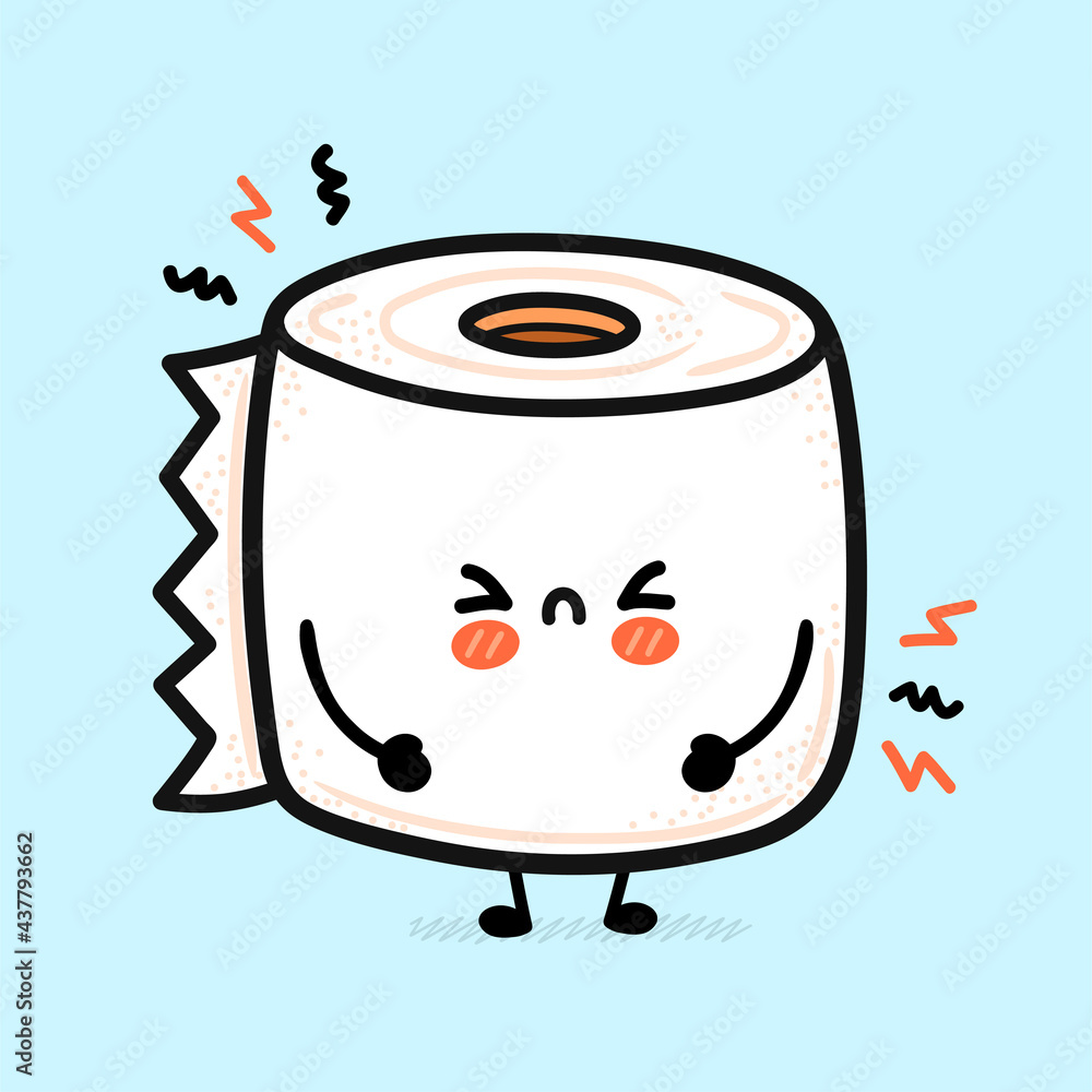 Cute funny sad white toilet paper roll. Vector hand drawn cartoon kawaii character illustration