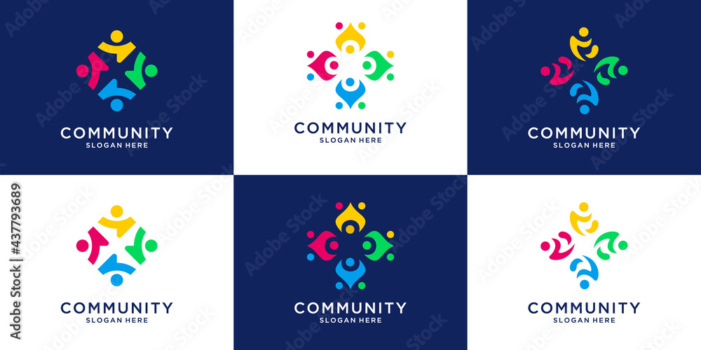 Set of colorful People human together family unity logo collection.
