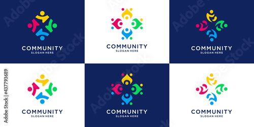 Set of colorful People human together family unity logo collection.