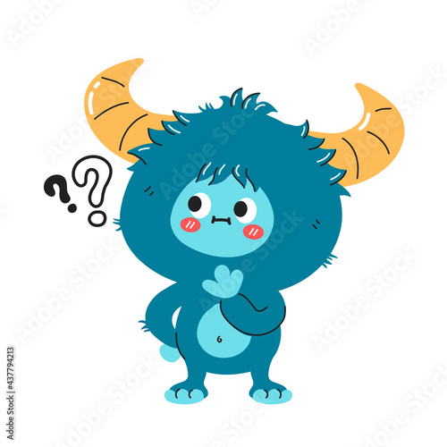 Cute funny yeti monster character with question marks. Vector hand drawn cartoon kawaii character illustration icon. Isolated on white background. Yeti, Bigfoot baby cartoon character concept