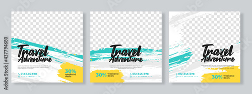 Set of three travel adventure social media pack template premium vector