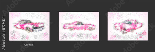 Drawing, picture of a sports car car in an abstract style, in pencil. Vector graphics. The car is pink in color. Paintings for printing 70x50 cm. photo