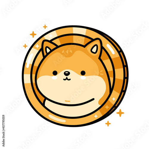 Cute funny dogecoin character. Vector hand drawn cartoon kawaii character illustration icon. Isolated on white background. Crypto finance, dogecoin doodle character concept