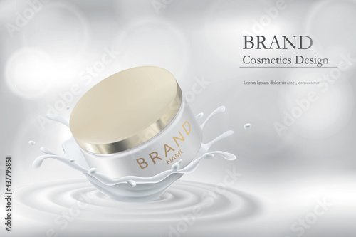 Realistic jar of cream in a splash of milk. Cosmetic product packaging mockup in light colors on the background of flying liquid and bokeh.