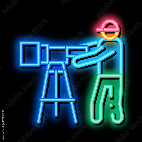 Human With Photo Camera neon light sign vector. Glowing bright icon Traveler Hiker Man With Professional Camera Equipment sign. transparent symbol illustration © PikePicture