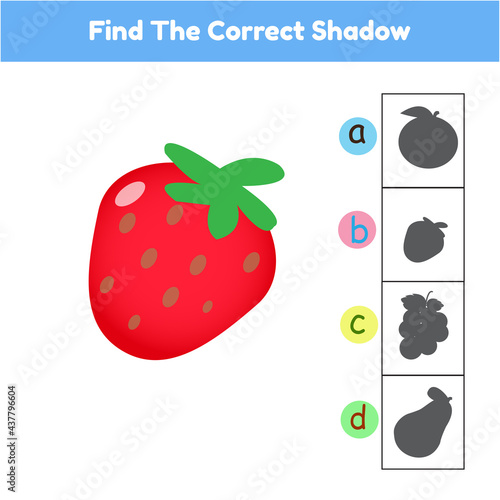 Find The Correct Shadow Game strawberry Cartoon Illustration Vector