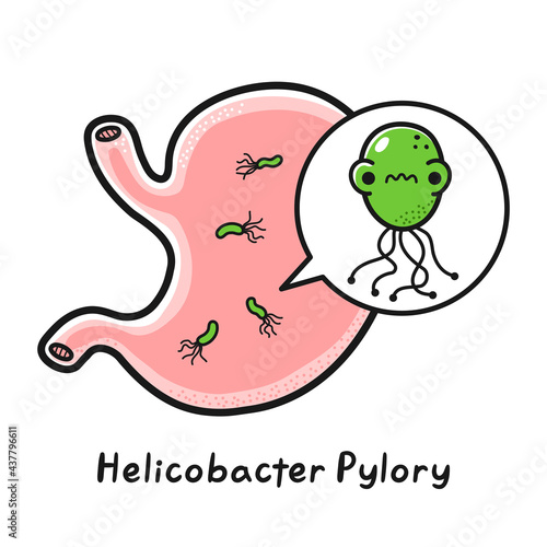 Human stomach organ with helicobacter pylori bacteria. Vector hand drawn cartoon kawaii character illustration. Isolated on white background. Sick stomach with helicobacter pylori bacteria