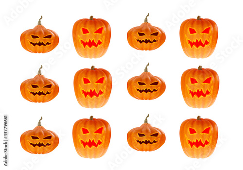 Halloween Pumpkins on white background. halloween pumpkin with scary carved faces. Lamps Jack O'Lantern 3d. Three-dimensional halloween pumpkin of different kind. All Hallows' Eve Party Decorations
