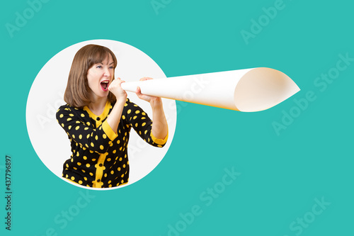 Woman screaming into a pape...