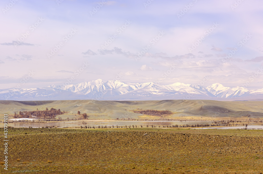 Obraz premium Chui steppe in the Altai Mountains. Spring plain with a lake on the background of the North Chui ridge under a blue sky. Siberia, Russia