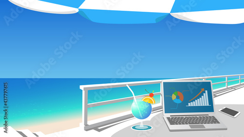 Working on laptop at resort with tropical drink