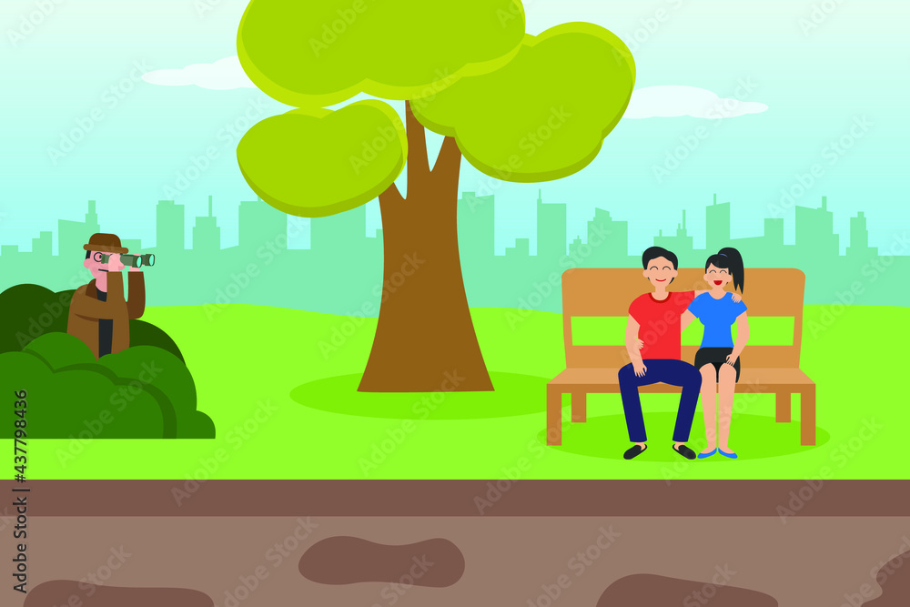 Spy vector concept: A spy man looking at young couple while using binocular in the park