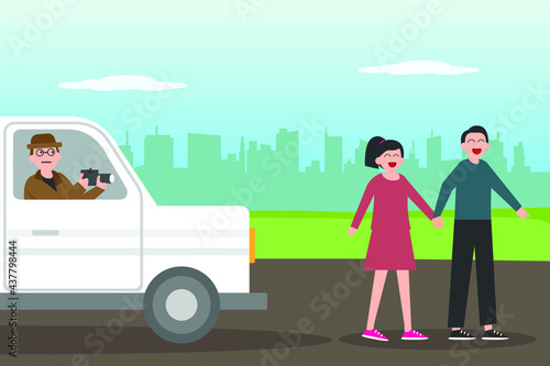 Spy vector concept: A spy man spying on young couple while record on his digital camera