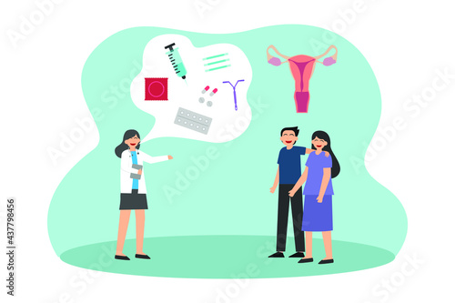 Contraception vector concept  Female doctor giving suggestion about contraception to young couple