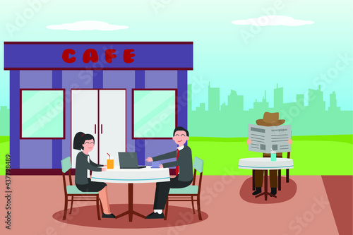 Spy vector concept: Young man spying on young couple while drinking in the cafeteria 