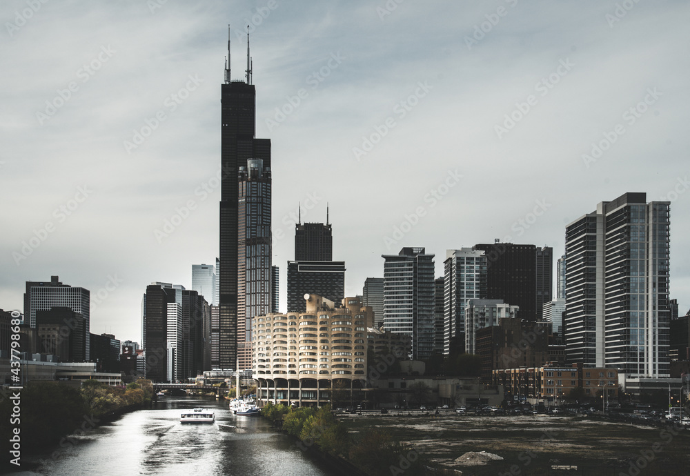Fototapeta premium Chicago landmark, Vintage cityscape of Chicago skyline