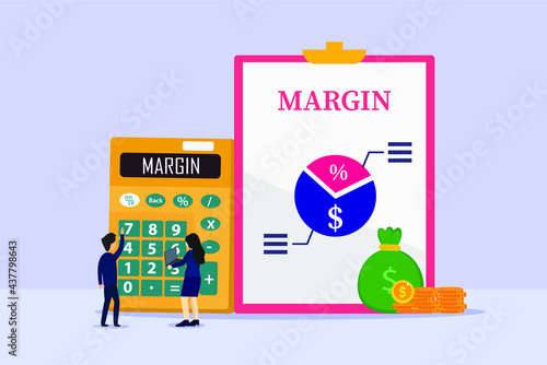 Margin vector concept: Business team calculating business margin together while using calculator and laptop