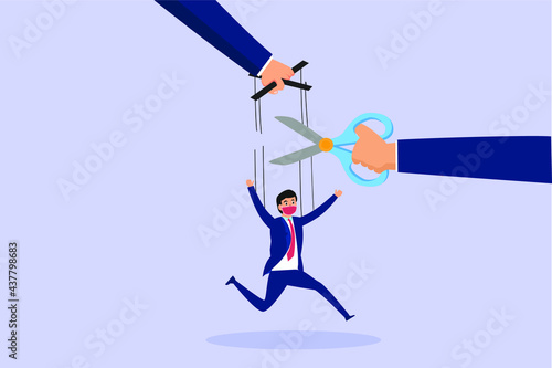 Manipulation vector concept. Businessman free from controlling and manipulation with rope