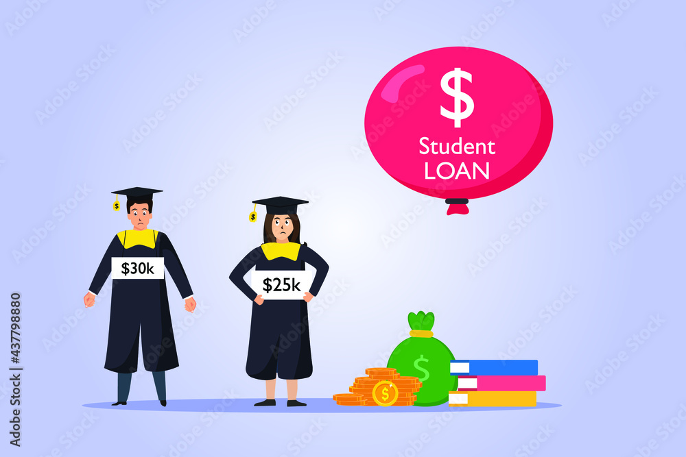 Student Loan bubble vector concept. Students with graduation gown and showing amount of loan