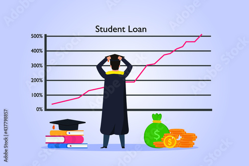 Student Loan bubble vector concept. Stress student looking at rising up student loan graph