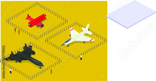 Museum vector concept. People looking at old military aircraft at the museum