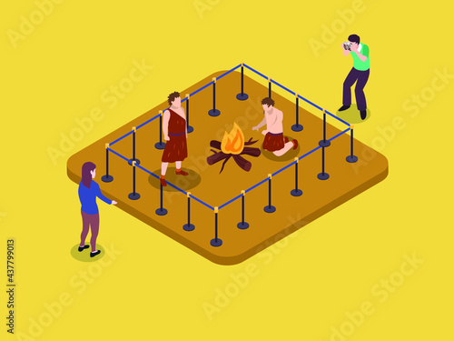 Museum vector concept. People looking at the primordial human statue with bonfire in the museum