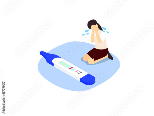 Infertility isometric vector concept. Sad woman having infertility and crying while looking at a negative pregnancy test