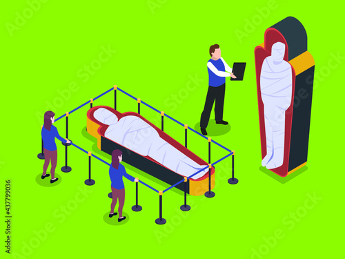 Museum vector concept. Visitors looking at the mummy sarcophagus in the museum exhibition